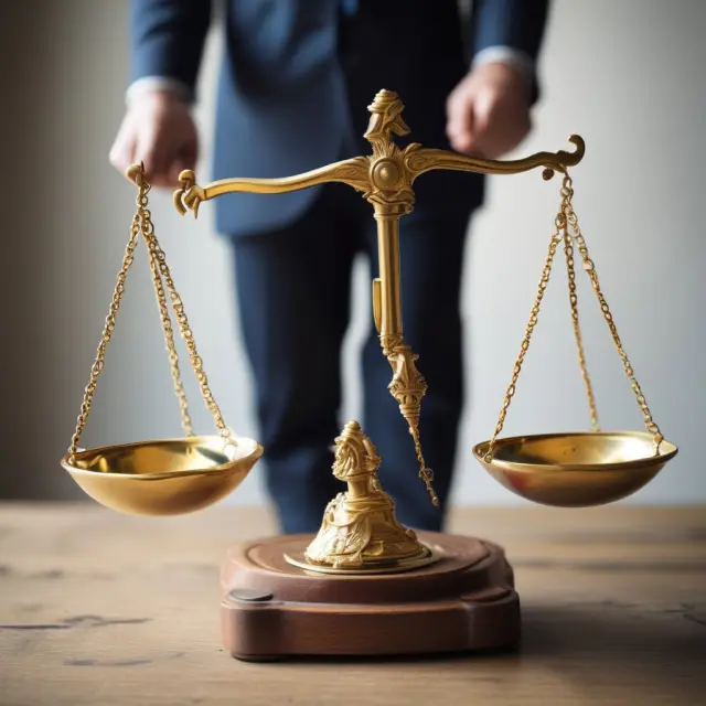 An institutional investor holding a golden set of scales, contemplating the benefits and risks of financial gearing as depicted by debt-to-equity ratios