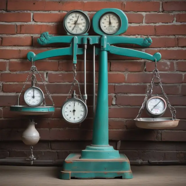 Two scales balanced on a see-saw, one with gearing ratio for Company XYZ, the other with industry average and competitors