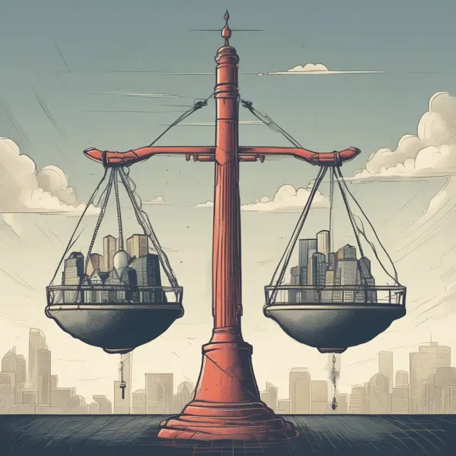 A balance scale with a teetering tech company logo symbolizing high debt and lower equity (gearing ratio).