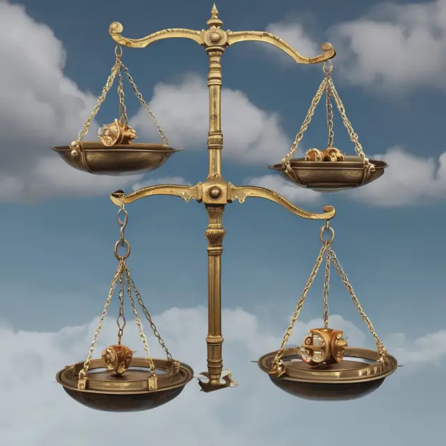 Scales with gears representing profitability and risk, balanced on a fulcrum; high leverage tilts towards risk while low leverage leans towards profitability