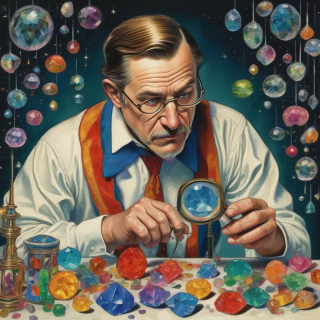 A gemologist studying a vibrant gem with a magnifying glass while a starry constellation of diverse gems surrounds them