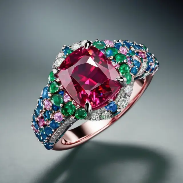 A rare ruby amidst blue diamonds and green emeralds symbolizes the unique value and investment potential of precious stones.