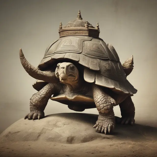 A large, wise tortoise balancing an intricately patterned general account on its back. The account is filled with various investment pieces representing bonds, equities, and mortgages.