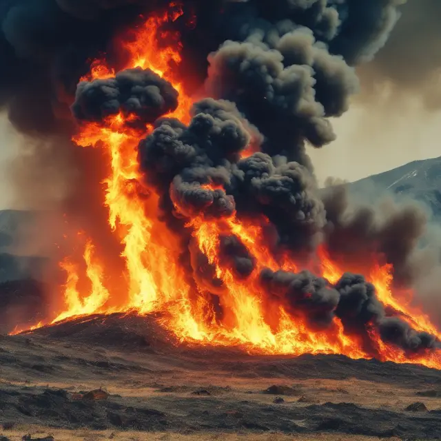A large raging wildfire consumes a vast sea of insurance contract papers, representing major disasters