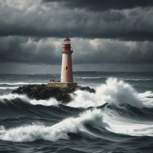 An insurance industry sailboat navigating a stormy sea, guided by reinsurers acting as lighthouses, reducing risk and ensuring financial health.
