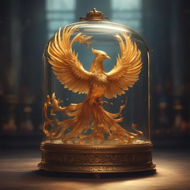 A golden phoenix, representing the transformative power of the General Agreements to Borrow (GAB), contained within a glass cage, symbolizing its limitations in addressing financial crises.