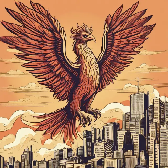 A mythical phoenix rising from ashes amidst global finance symbols, representing the end and significance of the General Agreements to Borrow (GAB)