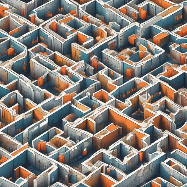 An intricate mosaic depicting interlinked offices symbolizing general & administrative expenses in business operations. SEO: labyrinth, office, business, admin, expenses