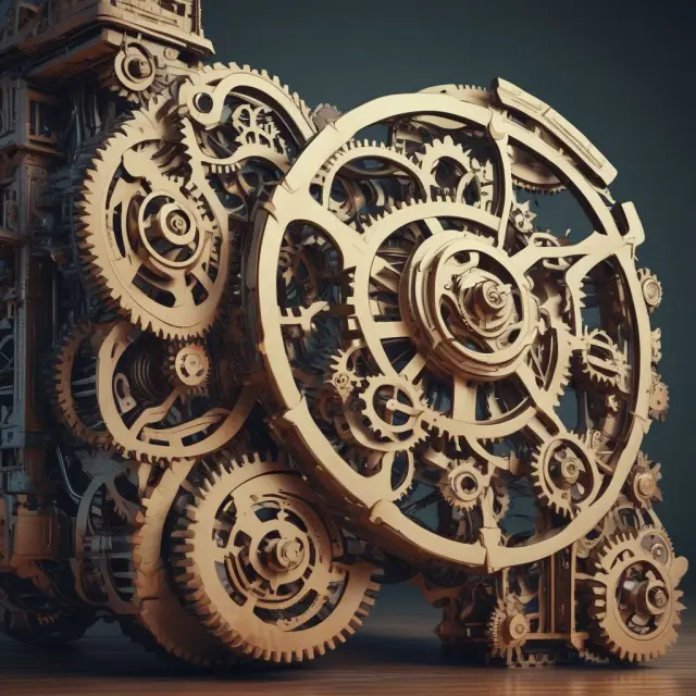 Gears representing various business tax credits coming together in a clockwork machine, illustrating financial savings and optimization
