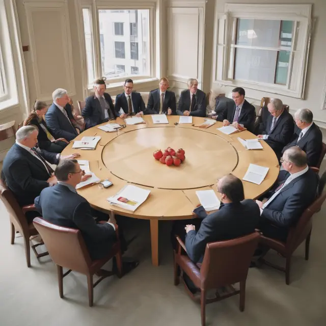 Economists engaging in a discussion around a table, each holding an apple symbolizing their finite goods or agent role within the general equilibrium framework