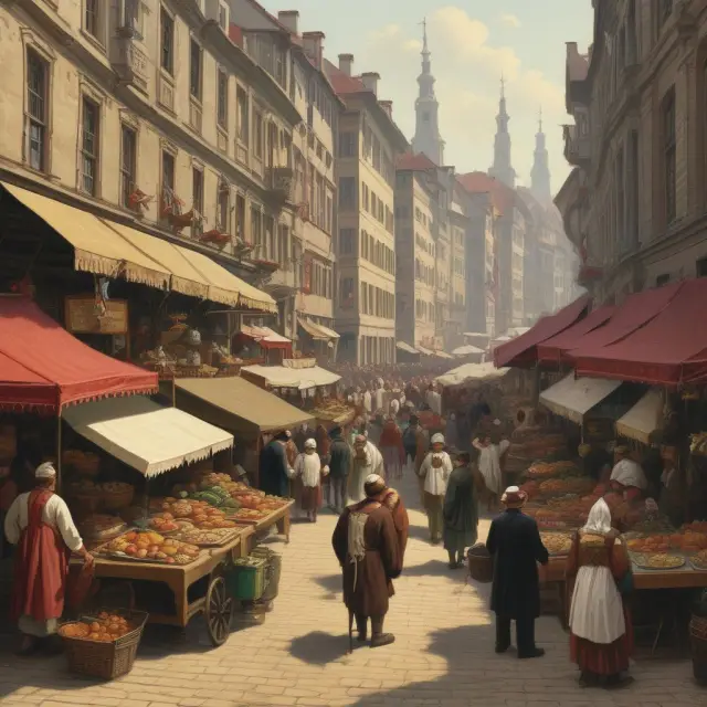 A lively marketplace populated by traders representing general equilibrium theory, Austrian economics, and evolutionary processes