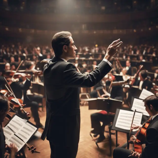 General Manager conducting an orchestra of financial instruments, symbolizing various skills required to excel in finance and investment industries