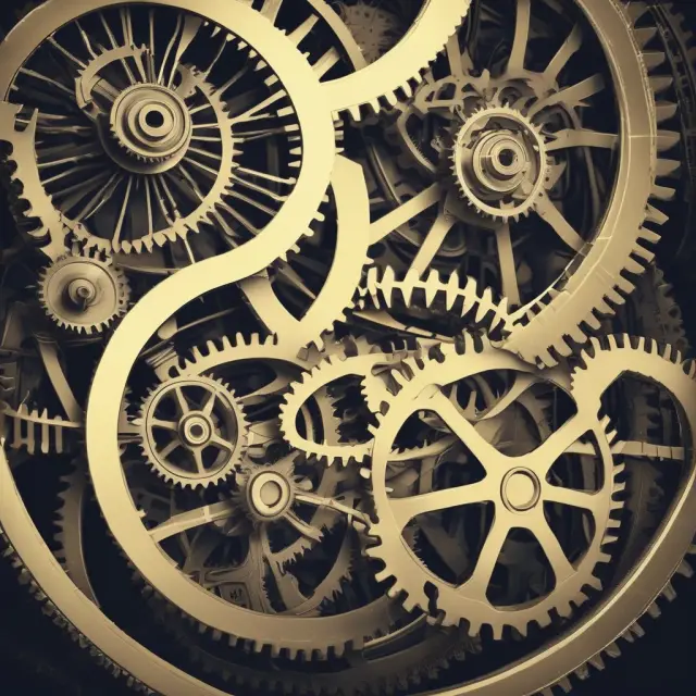 A metaphorical illustration of a clockwork with three gears representing the roles of General Manager, Chief Executive Officer, and Operations Manager in finance and investment.