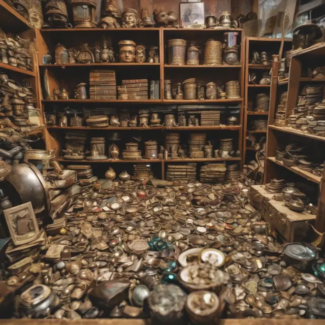 A vibrant scene of unclaimed merchandise at an auction house, awaiting bidders