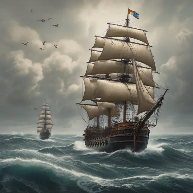 Two boats representing GARCH(1,1) and GARCH-M models navigating a stormy sea, symbolizing their ability to adapt to volatile financial markets.