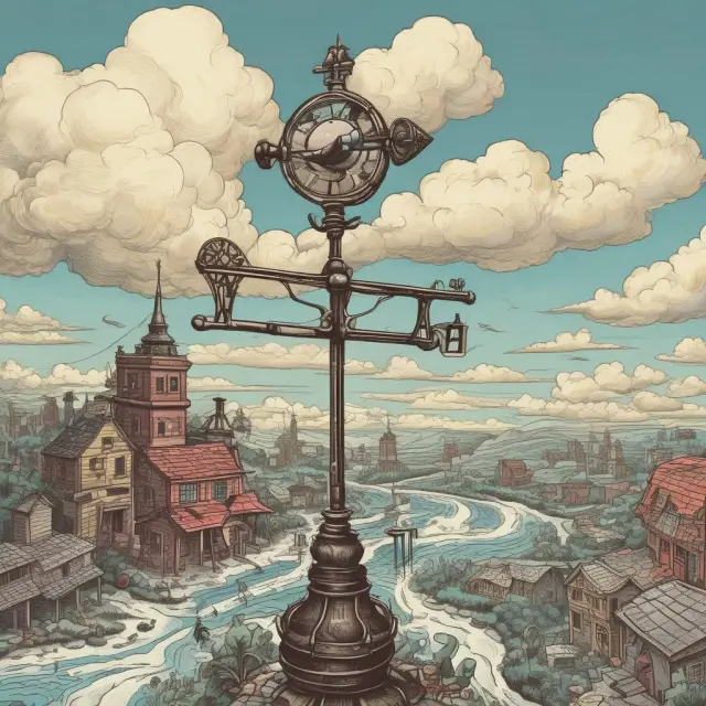 A weathervane shaped like the GARCH process adapts to the winds of financial volatility, symbolizing its adaptability in uncertain markets.