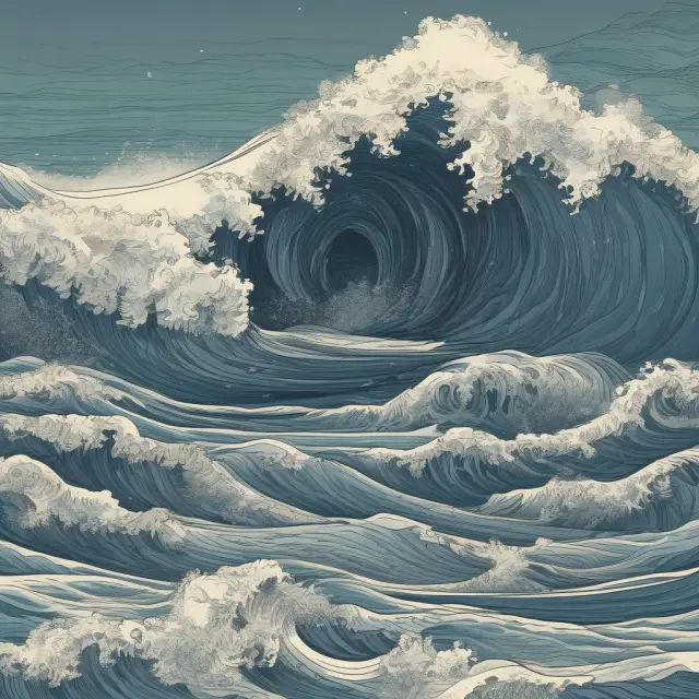 A serene financial sea with ebbing and flowing waves symbolizing GARCH data, influenced by ARIMA and TGARCH models