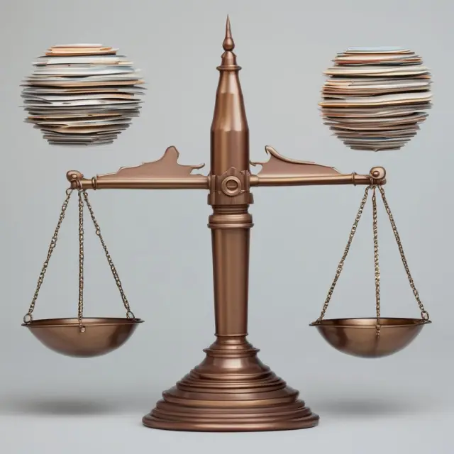 A balanced scale holds two pans, one labeled 