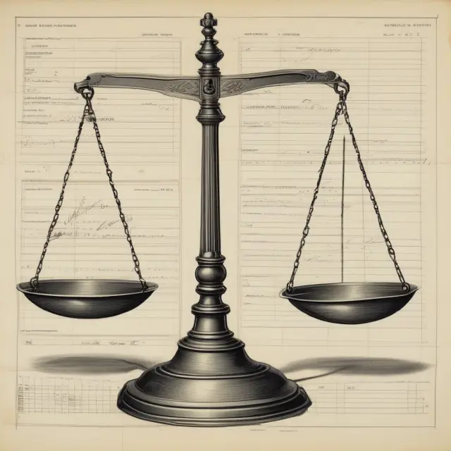 Scale balancing two general ledgers representing debits and credits in double-entry accounting