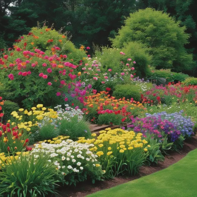 A lush garden teeming with various asset flowers being watered by a gardener, symbolizing the role of a general ledger in cultivating financial reports.