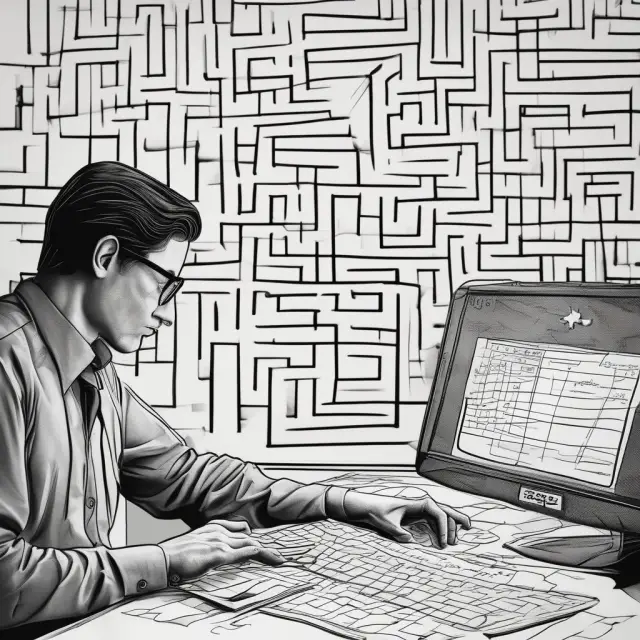 An accountant diligently working to correct data entry mistakes in a complex, interconnected network of financial transactions
