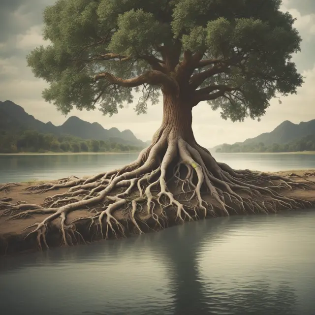A sturdy tree representing a government rooted in its community, drawing resources from a vast river for public projects via GO bonds.