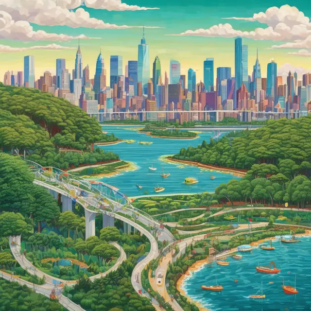 Two iconic cityscapes, NYC and CA, represented by a winding river of green bond investments