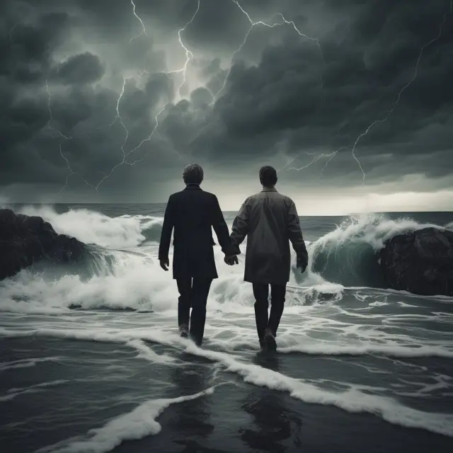 Two partners standing together before a stormy sea, demonstrating the importance of managing conflicts in partnerships.