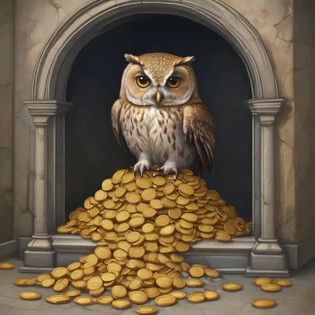 Golden vault containing provisions, watched over by a wise owl representing financial prudence and risk management