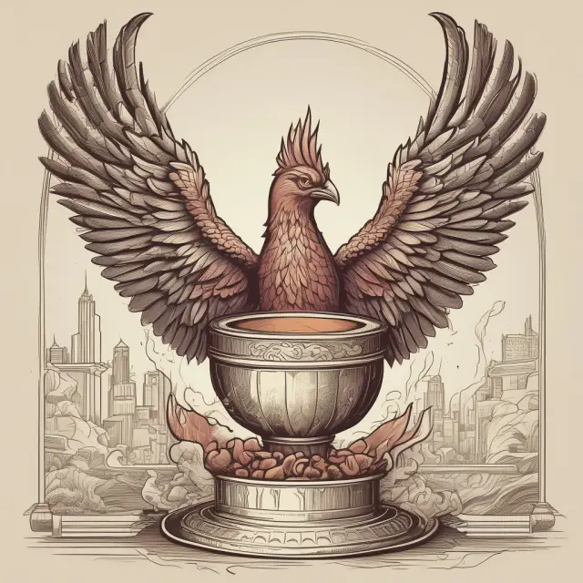 A mythical phoenix emerging from an offering bowl, representing the process of a company becoming publicly traded through an IPO