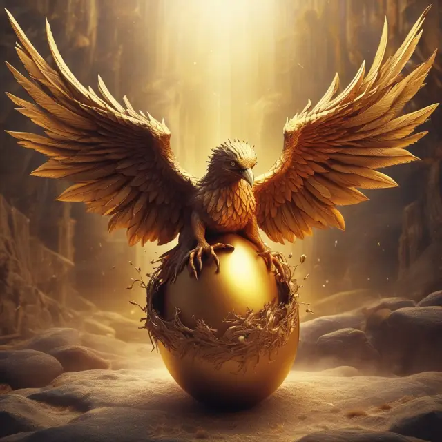 A mythical Phoenix emerging from a golden egg with company logos, representing businesses undergoing the transformation of going public