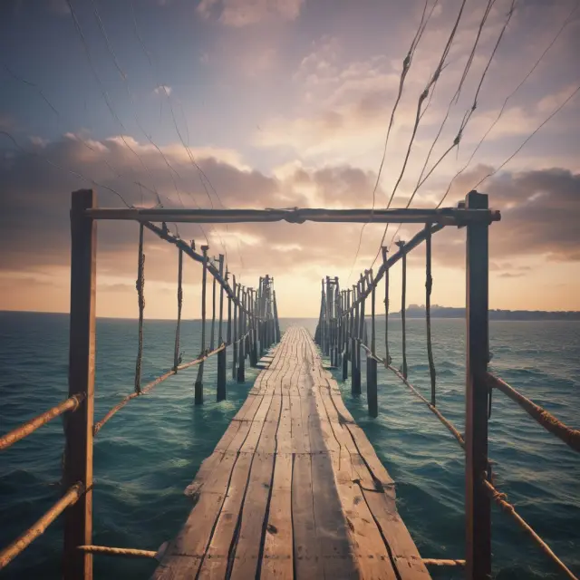 Retail investors and institutional investors sharing a bridge over a turbulent stock market, representing the equilibrium in ownership through IPOs.