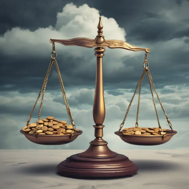 Golden coins symbolizing shareholder value face potential risks and challenges (thunderstorm clouds), with a shield of effective communication protecting the scale.