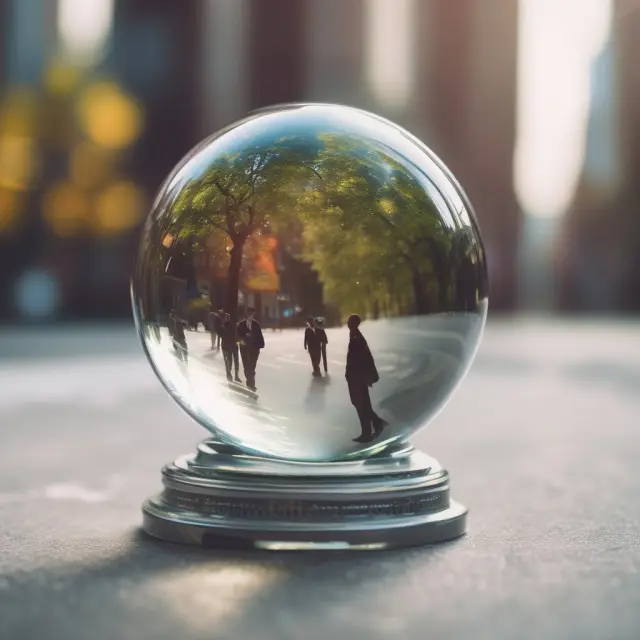 A crystal ball filled with various companies symbolizing the future of general public distributions in the ever-changing market landscape