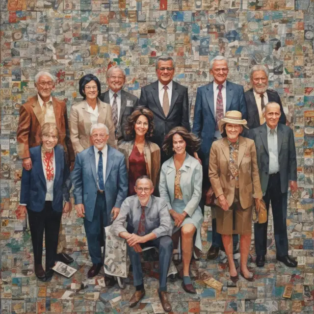 A mosaic representation of various generations working together on a large puzzle, signifying the importance of intergenerational collaboration within the workplace.