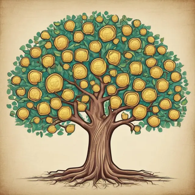 Golden coins represent tax liabilities; interconnected branches illustrate multiple generations and various estate and inheritance taxes