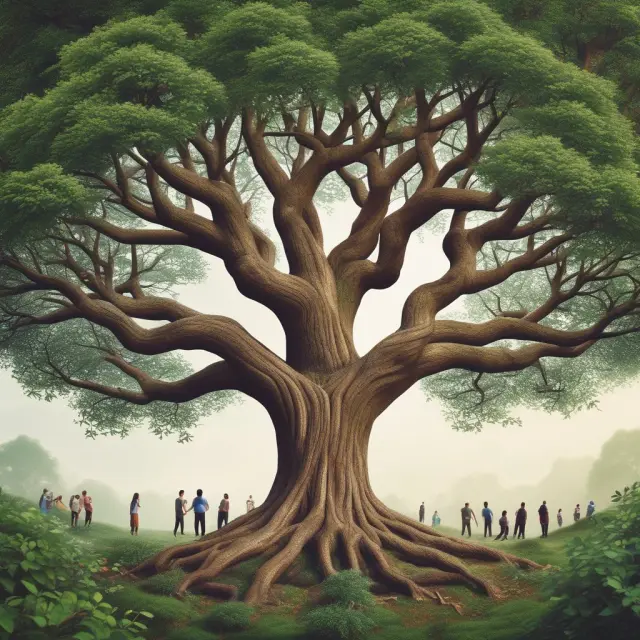 An image showcasing a stylized tree of life, with branches extending to multiple generations and trustees as caretakers pruning for growth while minimizing taxes