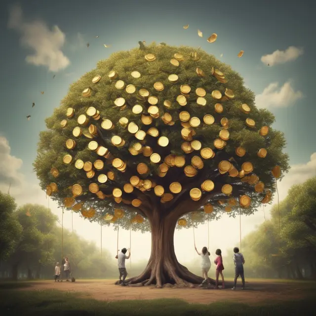 Image: Grandchildren playing under a tree laden with gold coins representing assets in a generation-skipping trust, illustrating tax-efficient inheritance strategy for institutional investors.