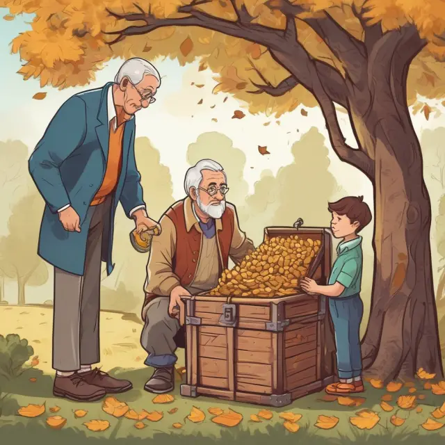 Image of a grandfather handing over a treasure chest to a young grandchild as an old tree sheds its leaves, representing the process of passing down wealth through generation-skipping trusts.