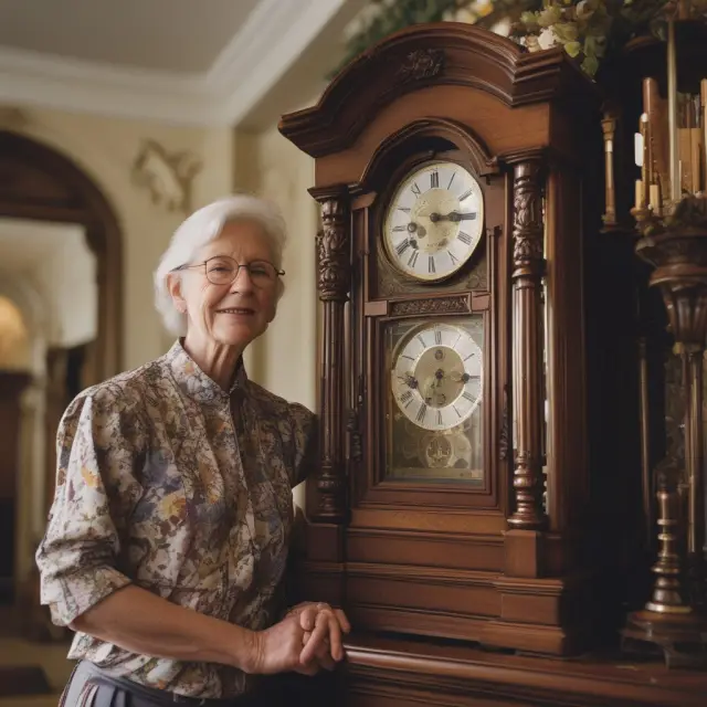 An elderly grandmother with a grandfather clock, her hands pointing towards a tray of interconnected generation-skipping trusts, symbolizing the transfer of wealth across generations