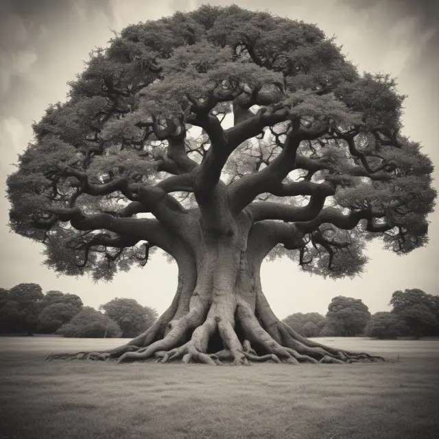 A giant oak tree with complex roots intertwining, symbolizing tax laws