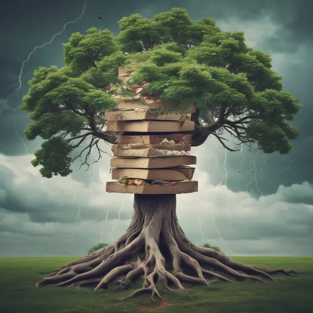 A Gen Xer holding a sandwiched loaf, standing beside a tree representing retirement savings; the tree weathers storms as the person nurtures financial growth