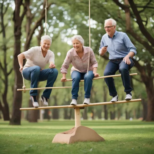 A three-generation family balances wealth and retirement savings on a wobbly seesaw, symbolizing Gen X