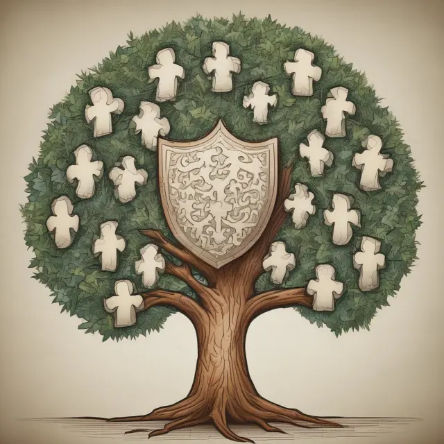 Protective shield made of interconnected health, long-term care, disability, and life insurance pieces, safeguarding a family tree