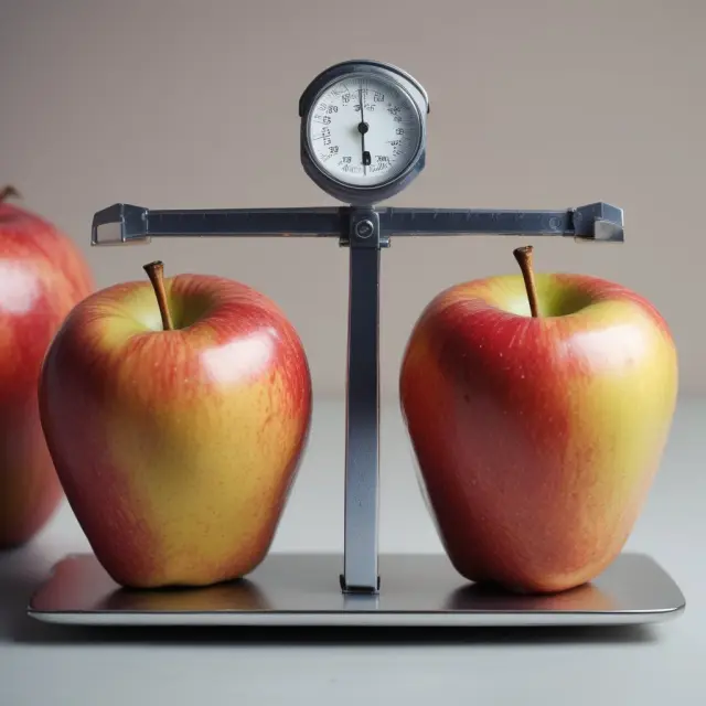 Comparison of two apples - one labeled generic and the other name brand, demonstrating their indistinguishable weights and qualities.