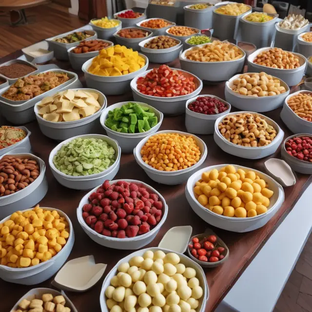 Buffet table displaying interchangeable branded food items and pharmaceuticals, symbolizing the prevalence of generic brands in diverse industries.