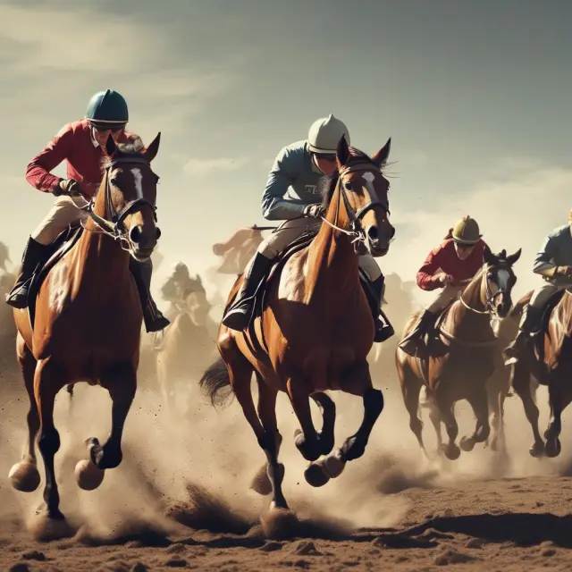 Branded horses leading a race, followed by generic horse riders representing name-brand and generic drug competition