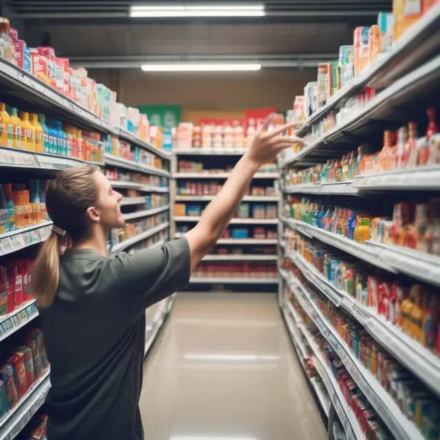 A cost-conscious consumer reaches for budget-friendly generic brands on a supermarket shelf, with more expensive name brands in the background