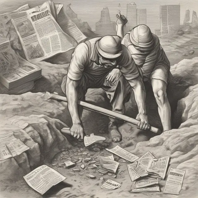An ancient miner uncovers the first block of Bitcoin, known as the Genesis Block, revealing a hidden newspaper headline commenting on financial instability.