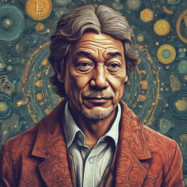 An image of Satoshi Nakamoto crafting the Genesis Block on a digital canvas, surrounded by swirling pixels representing Bitcoin